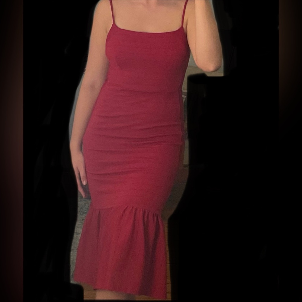 Anthropologie Red-Magenta Bodycon Flare Midi Dress